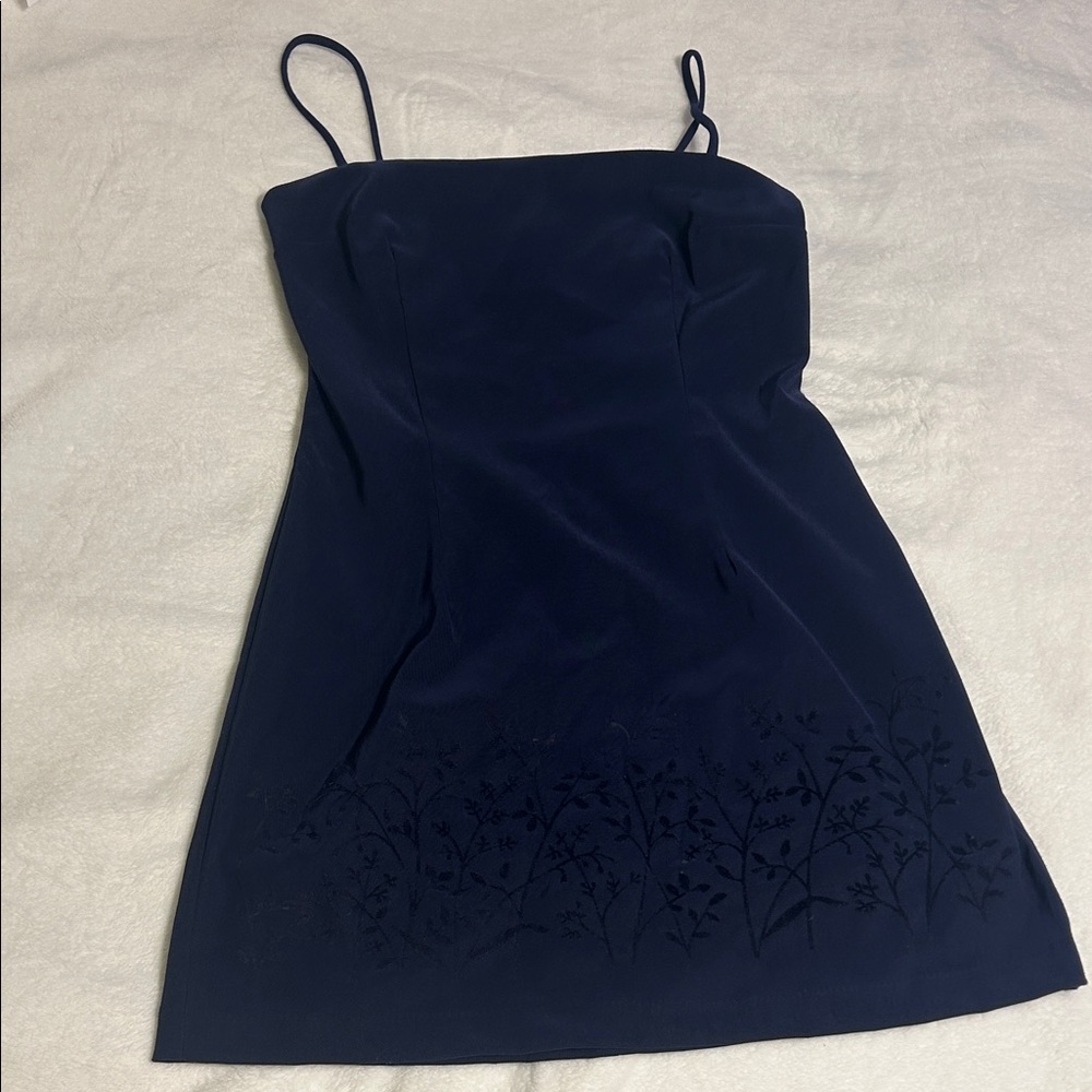 Rampage Navy Spaghetti Strap Floral Trim Mini Dress